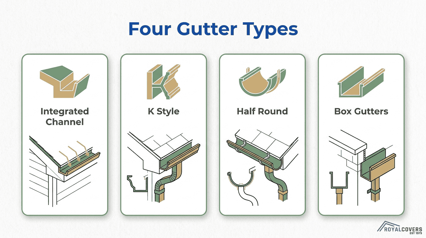Alumawood pergola gutter types comparison showing integrated channel, K style, half round, and box gutter options