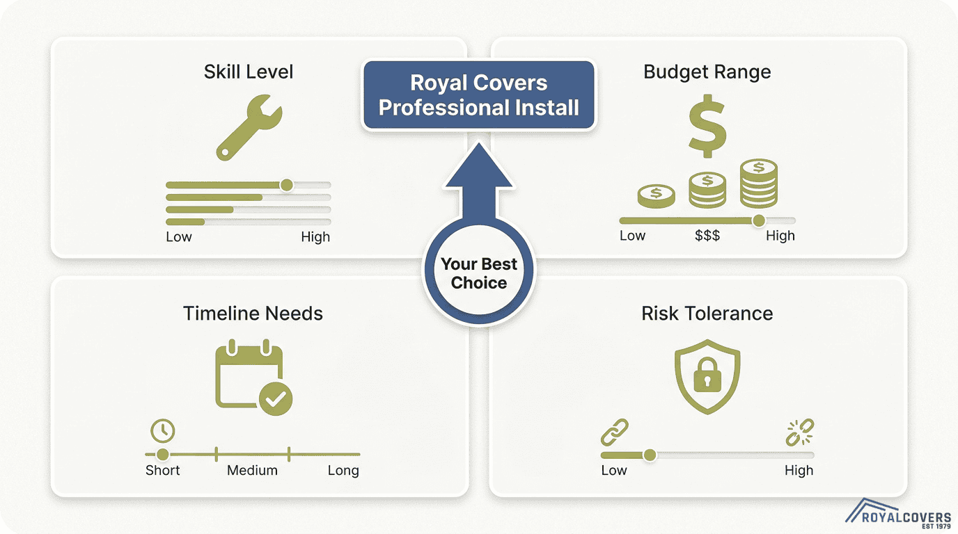 Alumawood pergola installation decision framework showing skill level, budget range, timeline needs, and risk tolerance for choosing professional installation