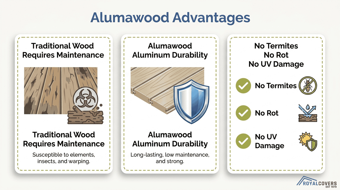 Alumawood pergola advantages infographic showing aluminum durability compared to traditional wood maintenance, termites, rot, and UV damage