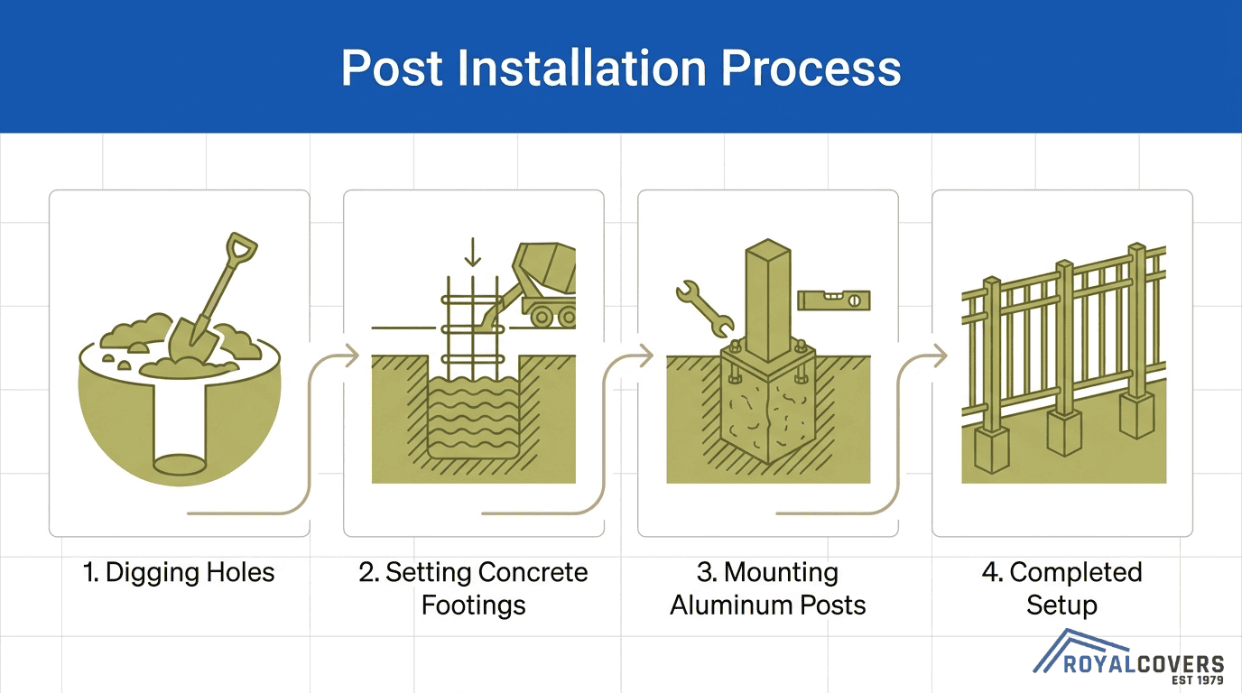 Aluminum pergola post installation process showing digging holes, setting concrete footings, mounting posts, and completed setup