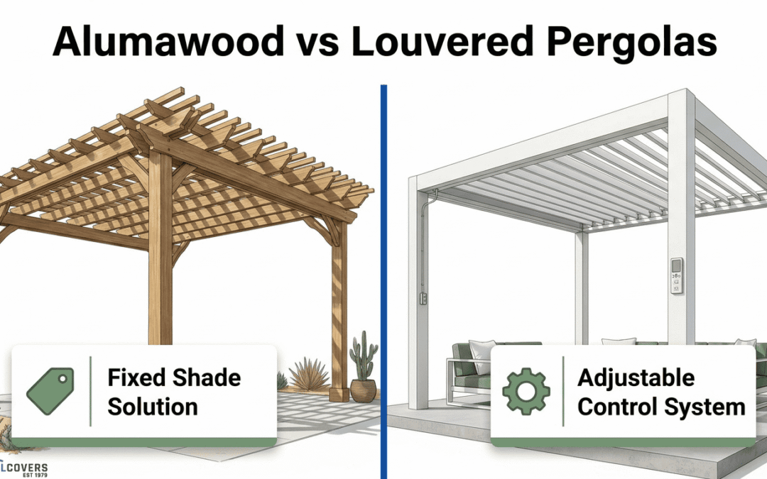 Alumawood vs louvered pergolas comparison showing fixed shade structure and adjustable louvered control system