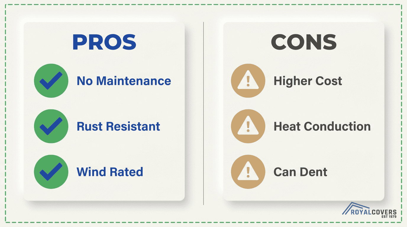 Aluminum pergola pros and cons comparison showing no maintenance, rust resistance, wind rating, higher cost, heat conduction, and dent risk