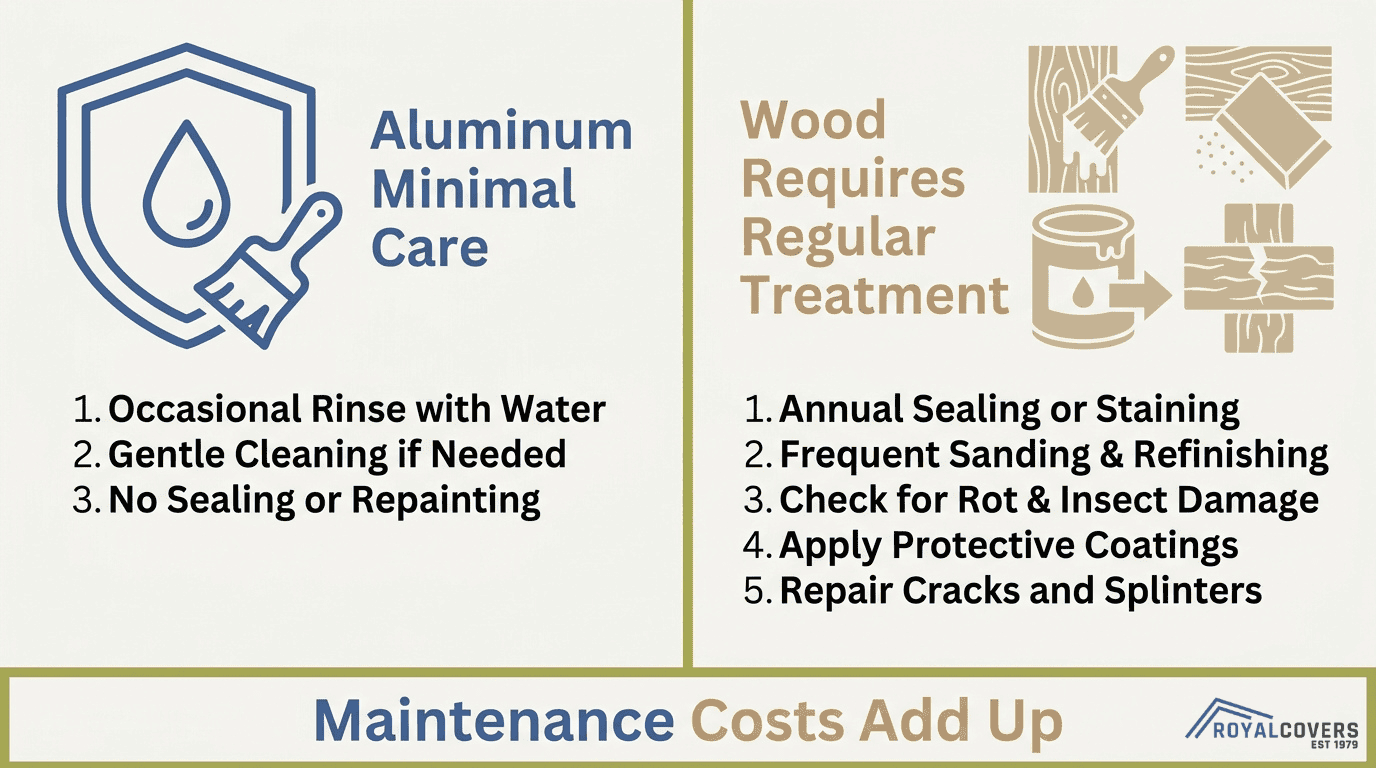 Aluminum vs wood pergola maintenance cost comparison showing aluminum needs minimal care while wood requires sealing, sanding, refinishing, and repairs