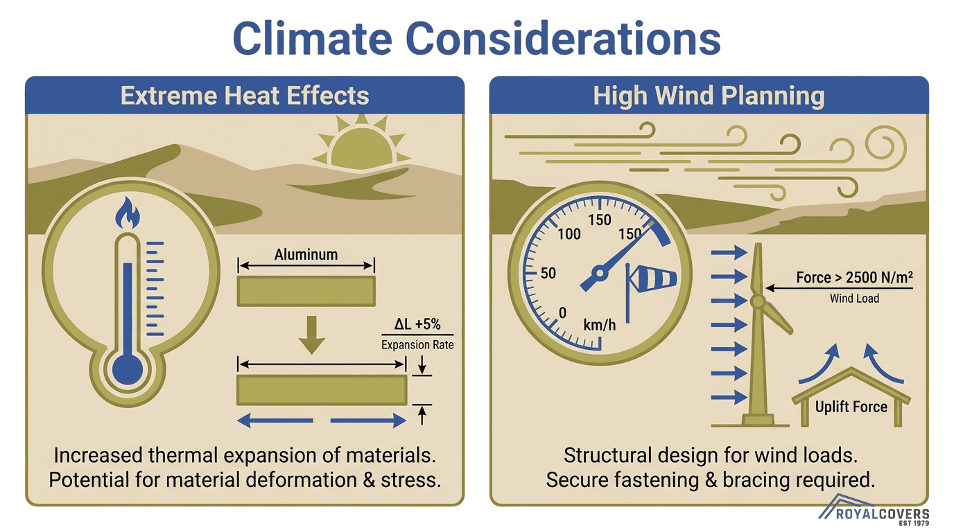 Climate considerations diagram showing extreme heat effects and high wind planning for pergola installation