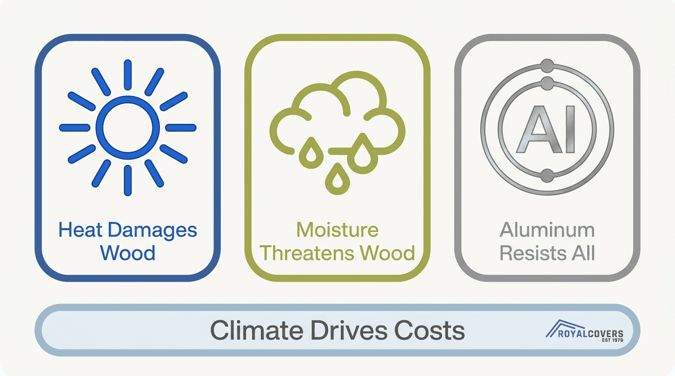 Climate impact on pergola material costs showing heat and moisture damage wood while aluminum resists weather exposure