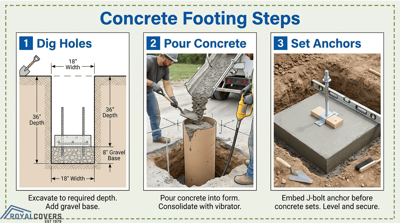 Concrete footing steps for pergola installation showing hole excavation, concrete pouring and anchor placement
