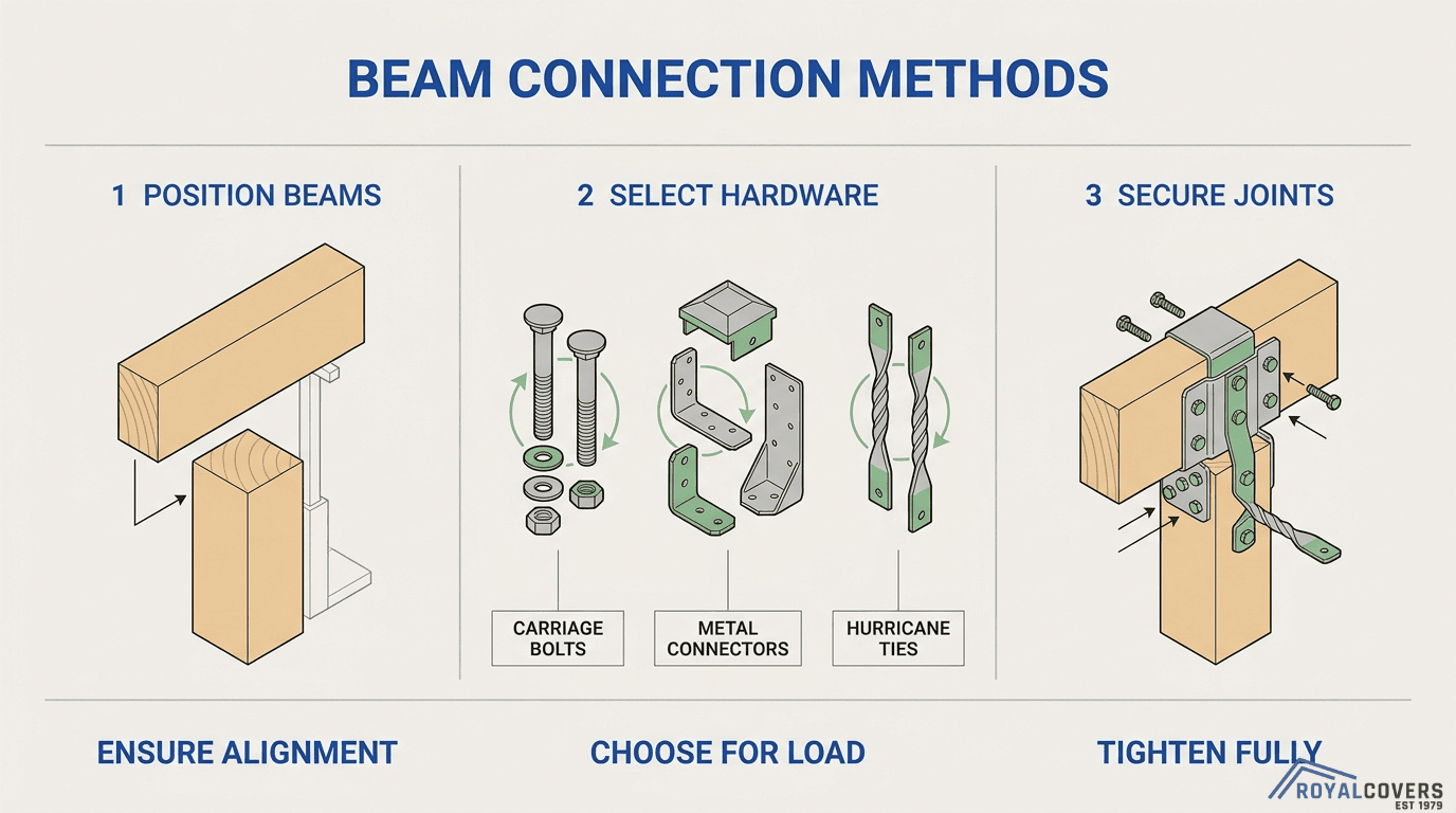 Pergola beam connection methods showing carriage bolts, metal connectors and hurricane ties for secure joints