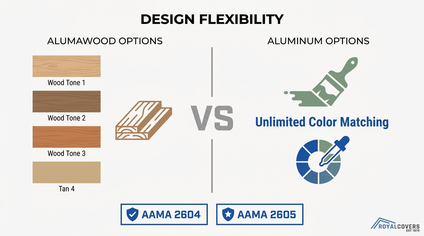 Alumawood vs aluminum pergola design flexibility comparison showing wood-tone finishes and custom color matching options