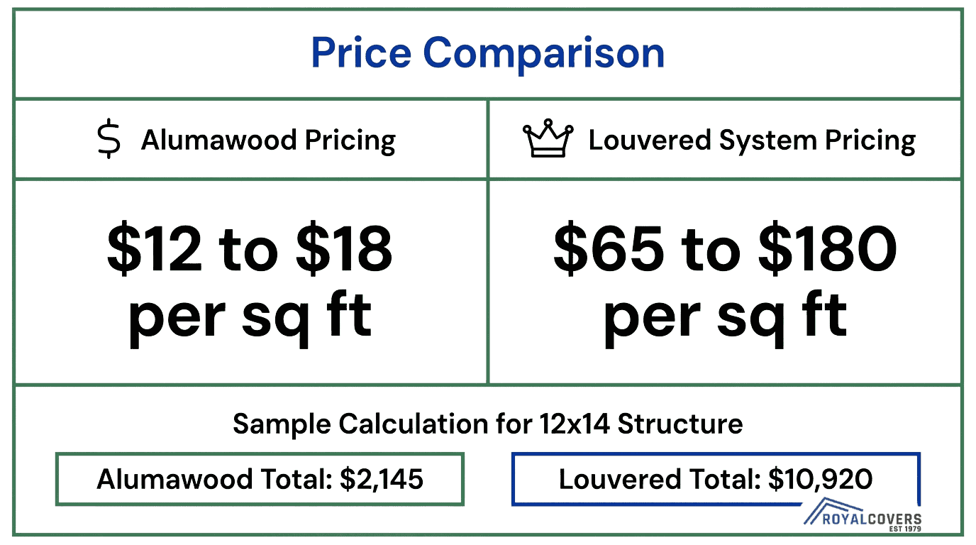 Price comparison chart showing Alumawood pergolas cost $12 to $18 per square foot and louvered pergolas cost $65 to $180 per square foot