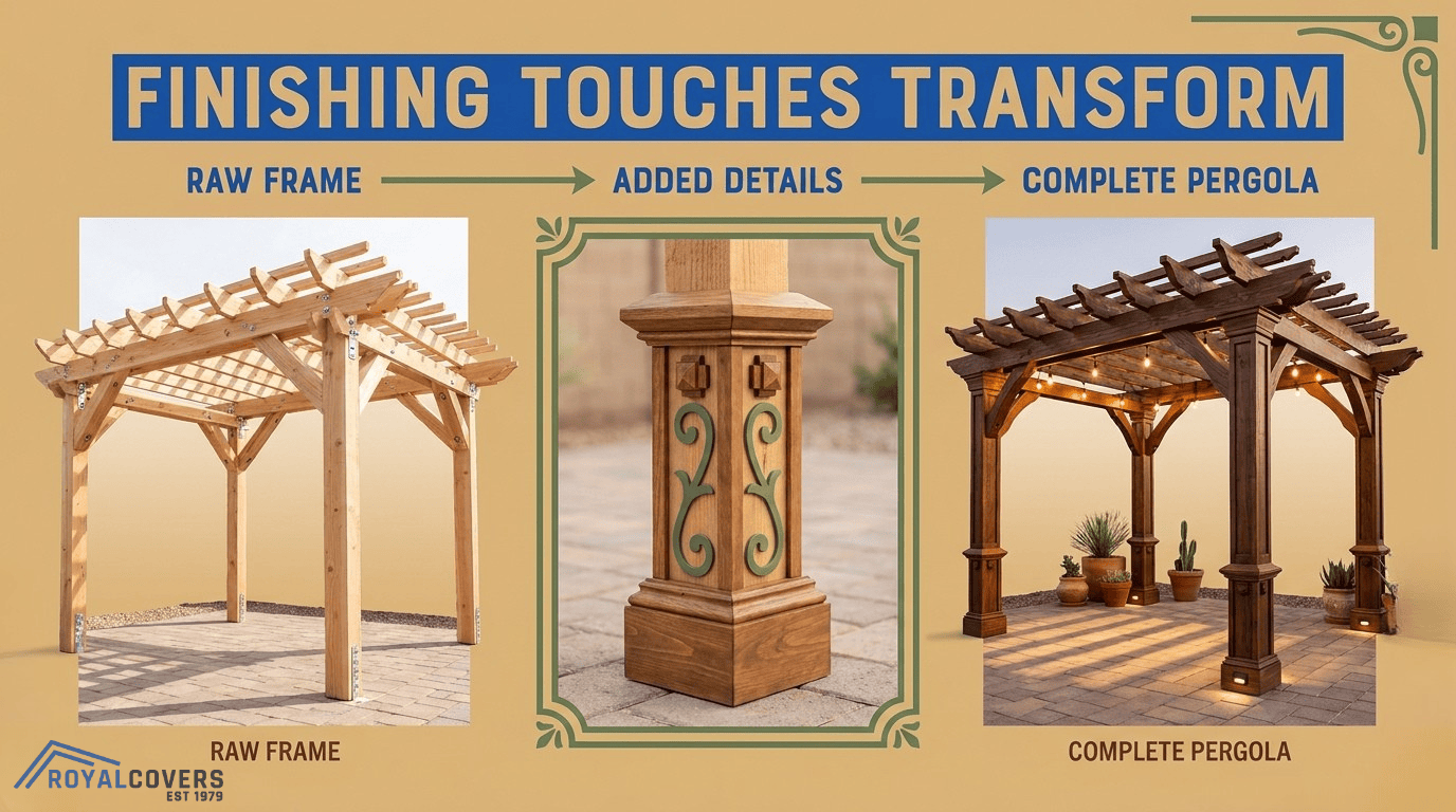 Decorative finishing touches transforming a raw wood pergola frame into a complete backyard pergola with lighting