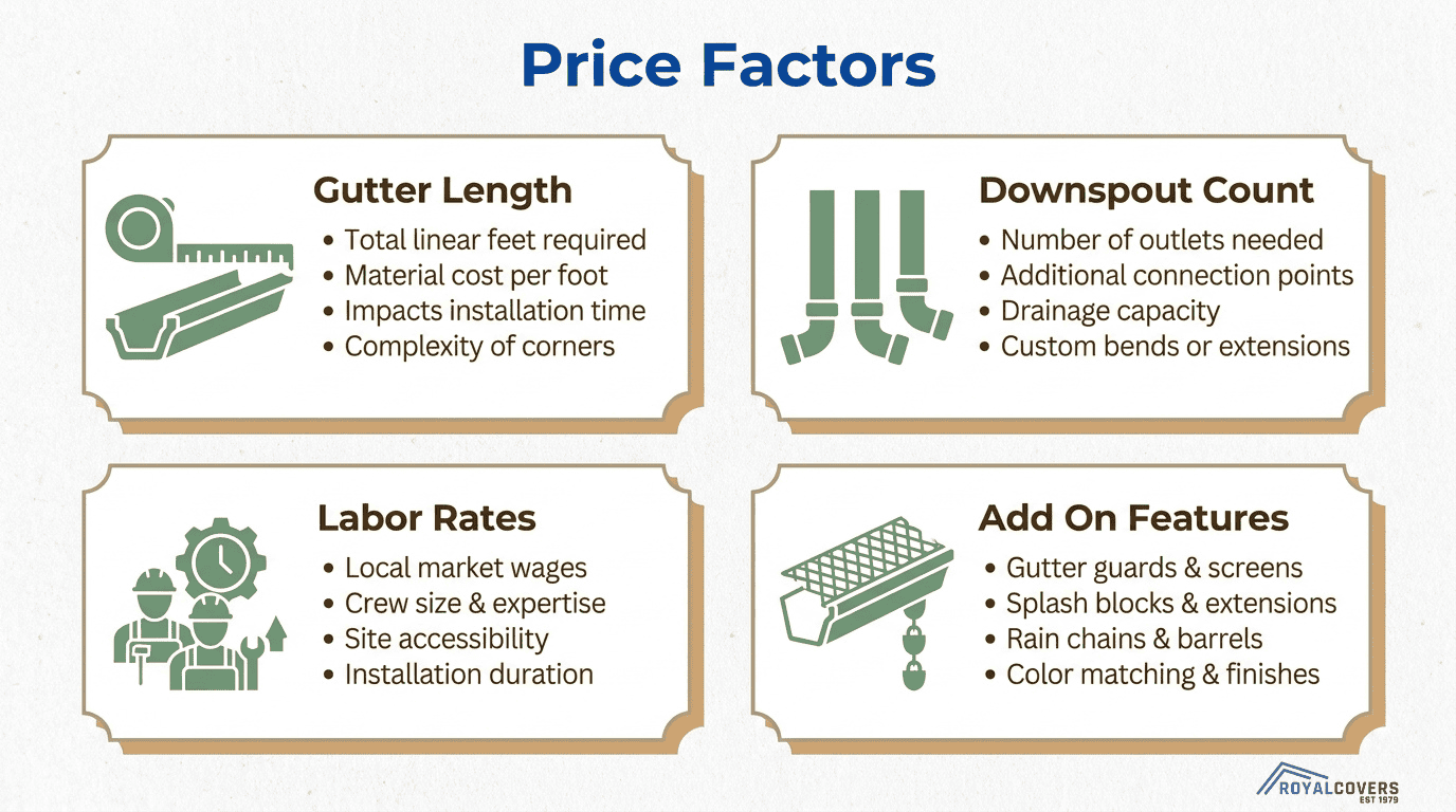 Pergola gutter cost factors breakdown showing gutter length, downspout count, labor rates, and add-on features