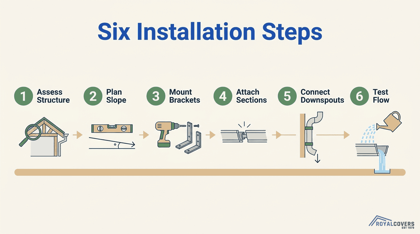 Pergola gutter installation steps infographic showing structure assessment, slope planning, bracket mounting, section attachment, downspout connection, and flow testing