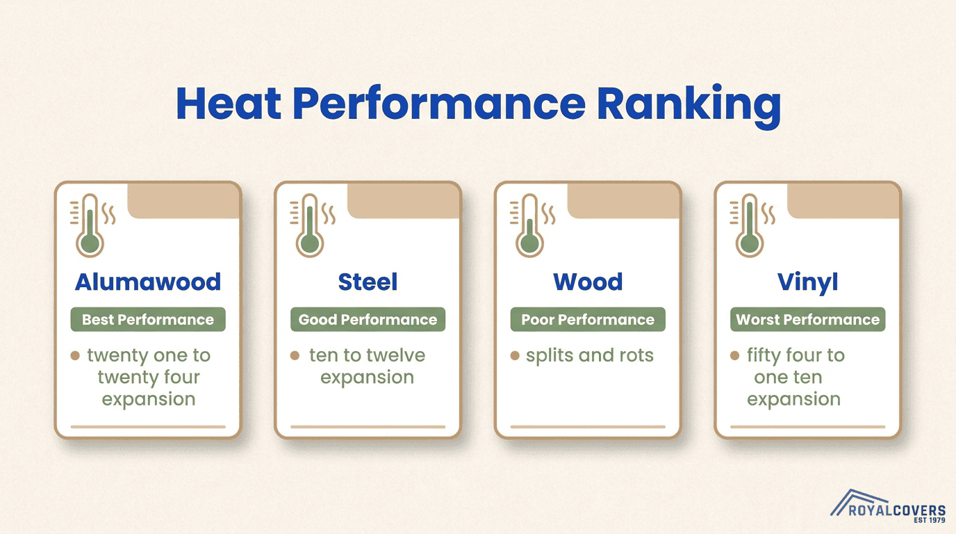 Pergola heat performance ranking comparing Alumawood, steel, wood, and vinyl materials for outdoor shade structures