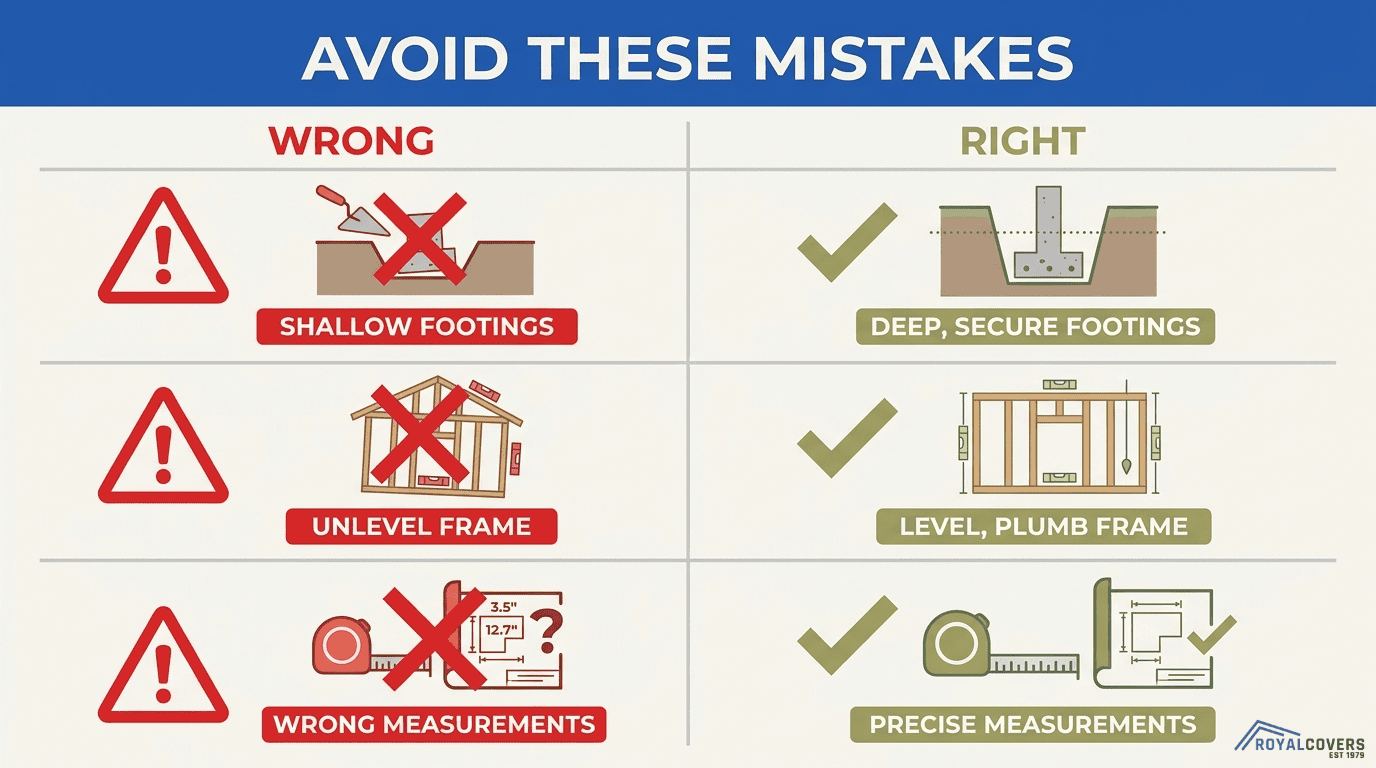 Pergola installation mistakes infographic showing shallow footings, unlevel frames, and wrong measurements to avoid