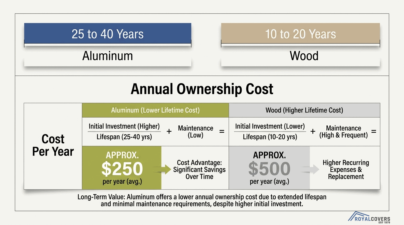 Pergola lifespan and annual ownership cost comparison showing aluminum lasts 25 to 40 years with lower yearly costs than wood