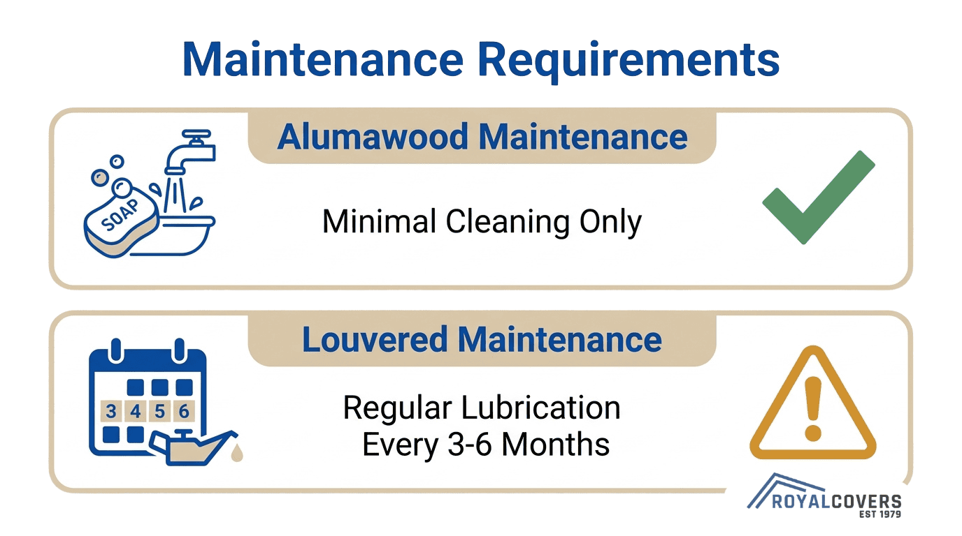Pergola maintenance comparison showing Alumawood requires minimal cleaning while louvered pergolas need regular lubrication every 3 to 6 months