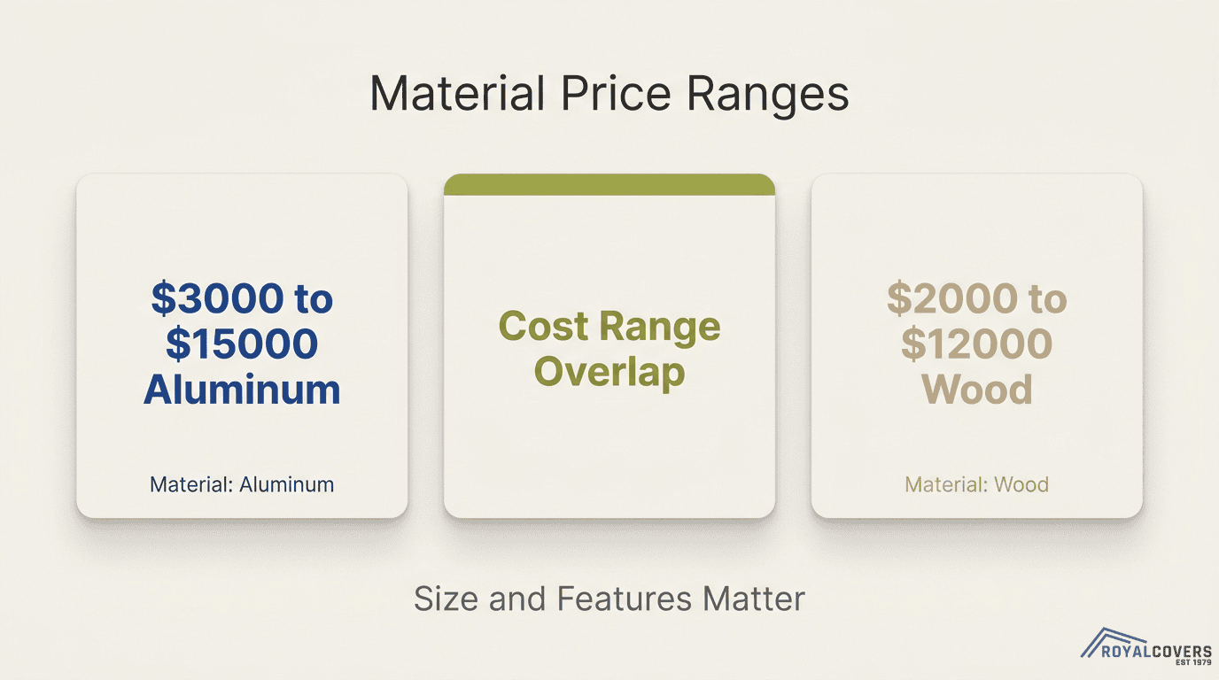 Pergola material price range infographic showing aluminum costs $3,000 to $15,000 and wood costs $2,000 to $12,000