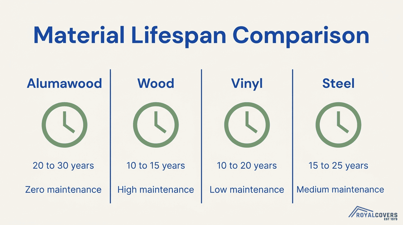 Pergola material lifespan comparison showing Alumawood, wood, vinyl, and steel durability and maintenance levels