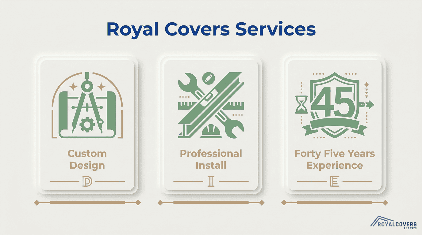 Royal Covers services overview showing custom pergola design, professional installation, and 45 years of patio cover experience