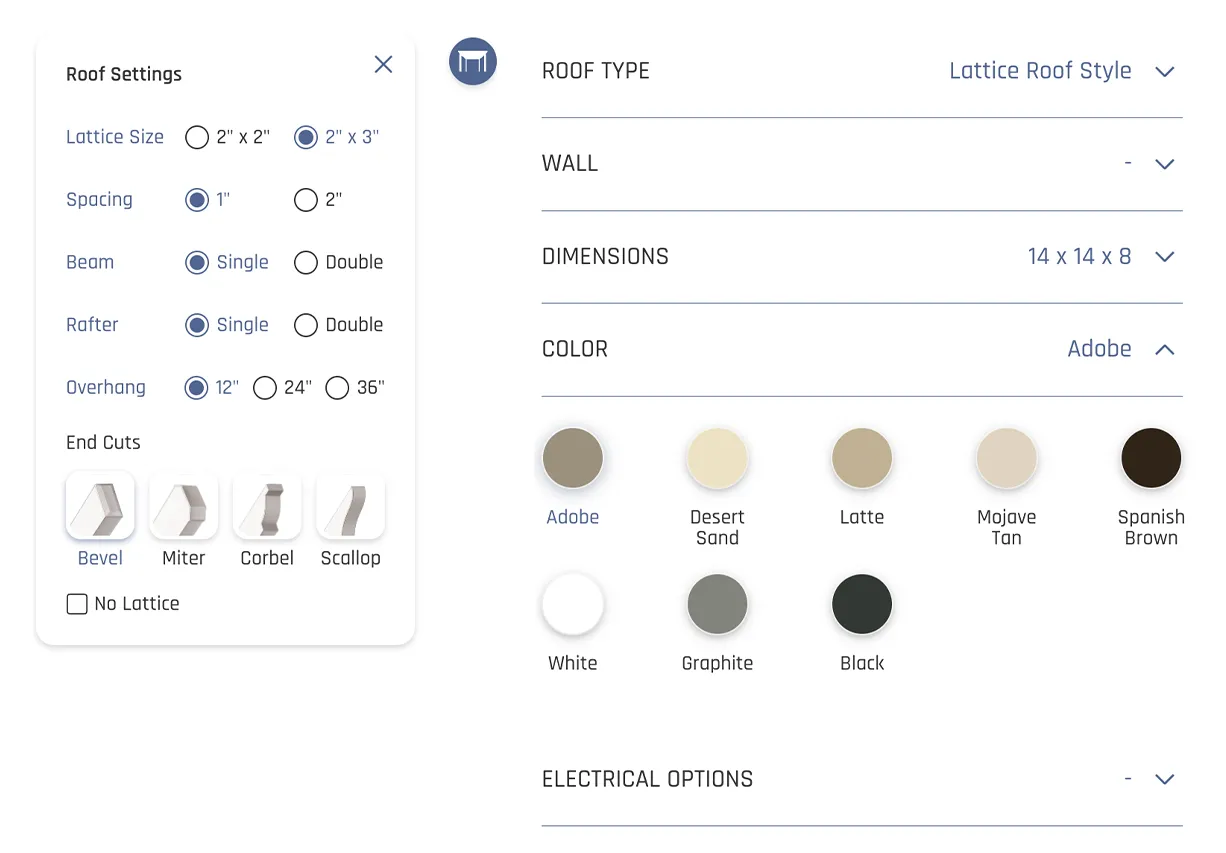 config Royal Covers 3D configurator showing a custom pergola design