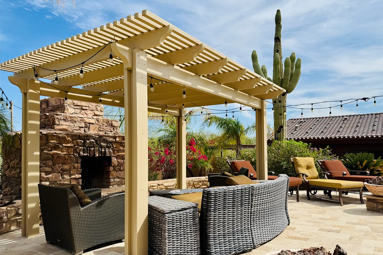 scaled Alumawood pergola with lattice roof over a backyard seating area